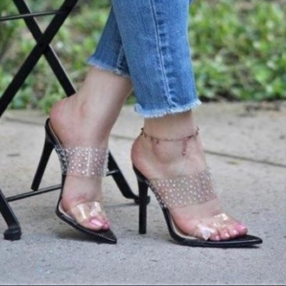 Black Clear Lucite Rhinestone Mule Heels | Pointed Toe Stiletto Sexy Transparent - Picture 3 of 10